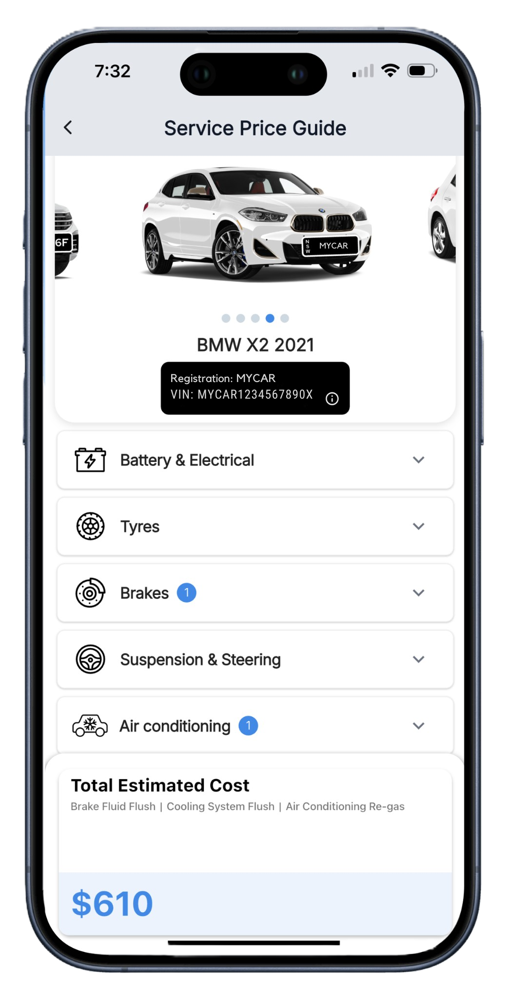 Autoport Vehicle Insights screen listing Full Vehicle Specification, Explore Under the Bonnet and Service Price Guide