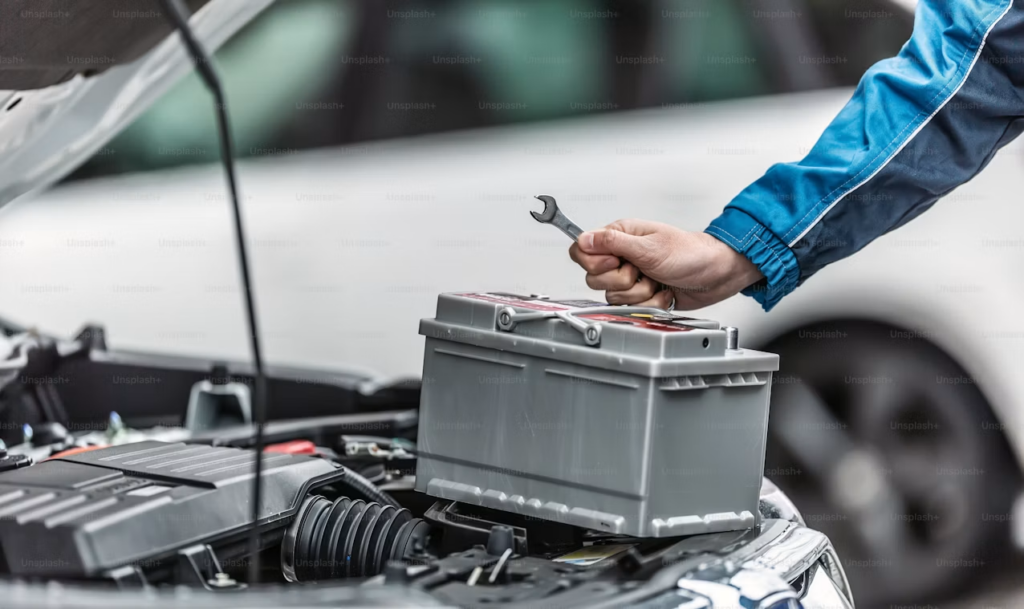 What Does Car Service Include: Mechanic replacing car battery.