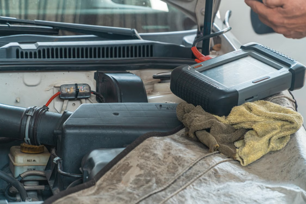 Car maintenance service: diagnostic scanner engine check.