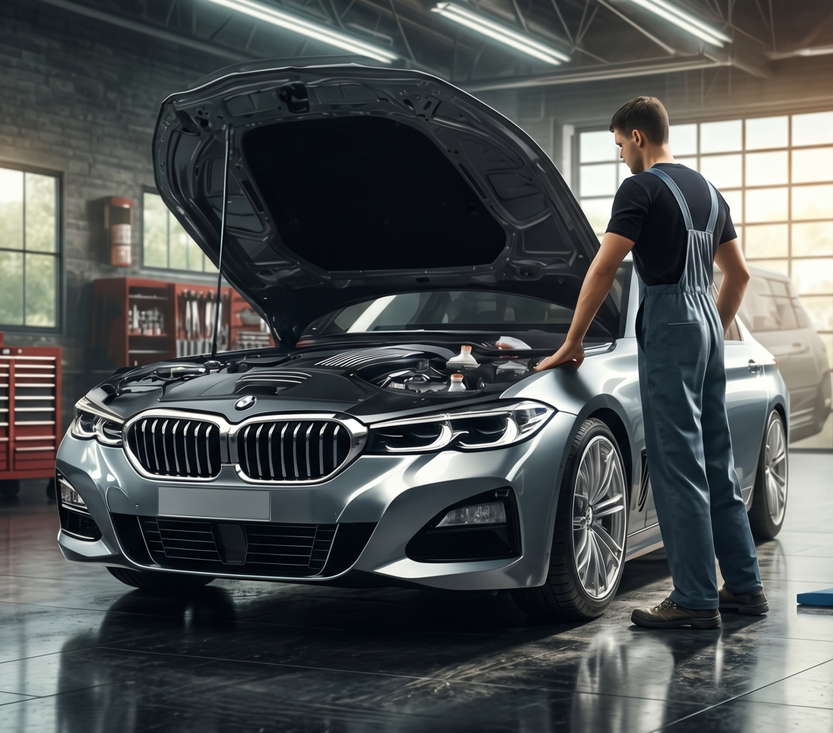 A car in a workshop service bay
