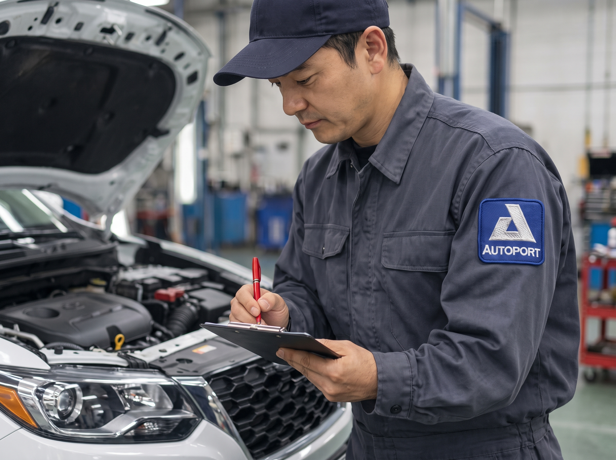 A mechanic in Autoport workwear using a phone beside a vehicle